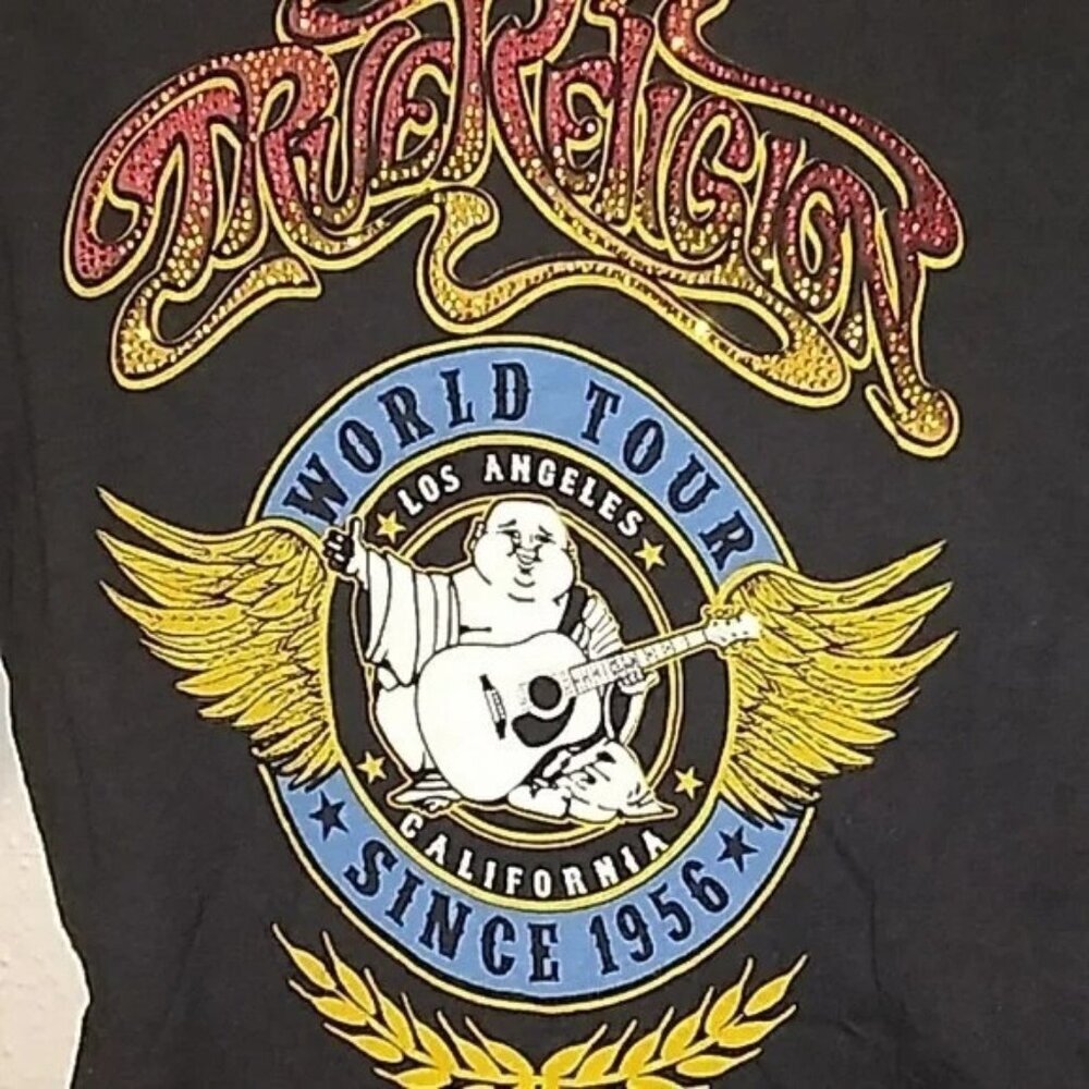 True Religion Black Rhinestone Y2K V-Neck T-shirt